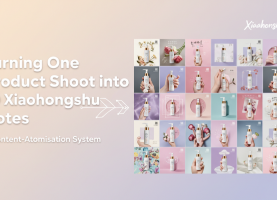 Banner with title 'Turning One Product Shoot into 30 Xiaohongshu Notes', featuring vibrant colors and modern design elements.
