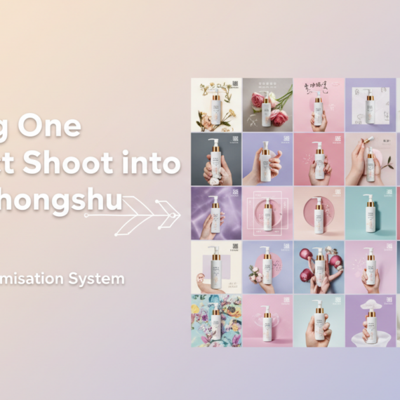 Banner with title 'Turning One Product Shoot into 30 Xiaohongshu Notes', featuring vibrant colors and modern design elements.