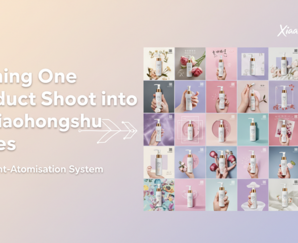 Banner with title 'Turning One Product Shoot into 30 Xiaohongshu Notes', featuring vibrant colors and modern design elements.