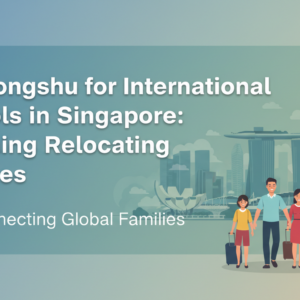 Banner with title 'Xiaohongshu for International Schools in Singapore: Reaching Relocating Families' over a cityscape background.