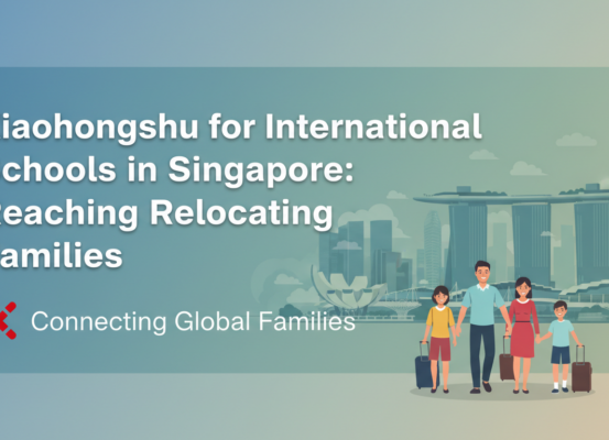 Banner with title 'Xiaohongshu for International Schools in Singapore: Reaching Relocating Families' over a cityscape background.