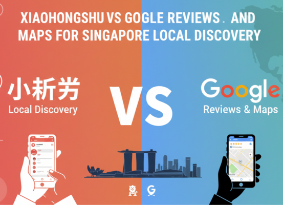 Banner with title 'Xiaohongshu vs Google Reviews and Maps for Singapore Local Discovery', colorful cityscape background.
