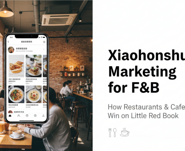 Banner with 'Xiaohongshu Marketing for F&B' title, vibrant restaurant theme