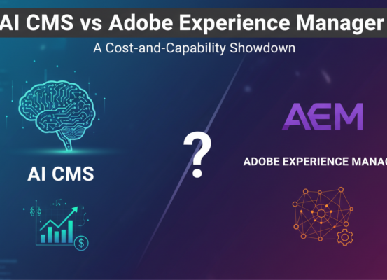 Blog banner: 'AI CMS vs Adobe Experience Manager' with tech-themed graphics