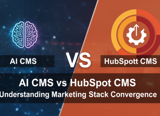 Blog banner with 'AI CMS vs HubSpot CMS' title on a digital marketing background
