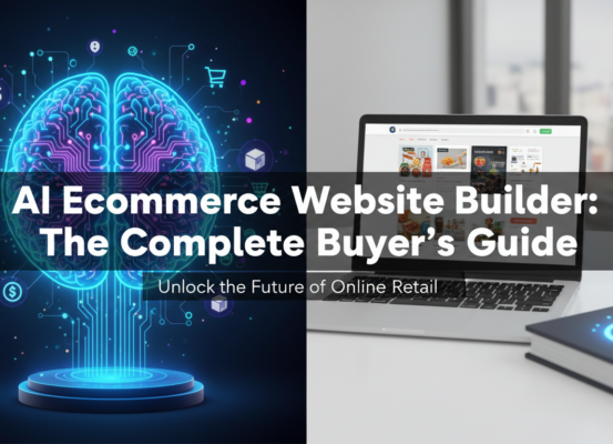 Blog banner with 'AI Ecommerce Website Builder: The Complete Buyer's Guide' title
