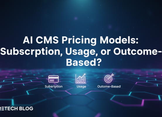 Blog banner with title 'AI CMS Pricing Models: Subscription, Usage, or Outcome-Based?' on a tech-themed background.