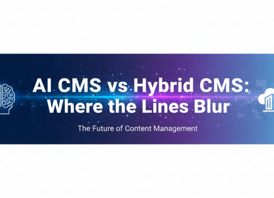 Blog banner with title 'AI CMS vs Hybrid CMS: Where the Lines Blur' in bold text.