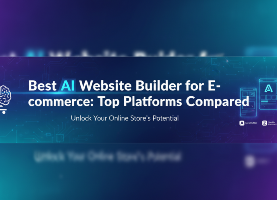 Blog banner with title 'Best AI Website Builder for E-commerce: Top Platforms Compared' against a digital-themed backdrop.