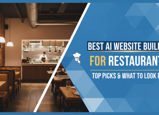 Blog banner with title 'Best AI Website Builder for Restaurants: Top Picks & What to Look For' on a vibrant background with restaurant icons.