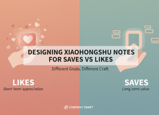 Blog banner with title 'Designing Xiaohongshu Notes for Saves vs Likes' on a stylish backdrop.