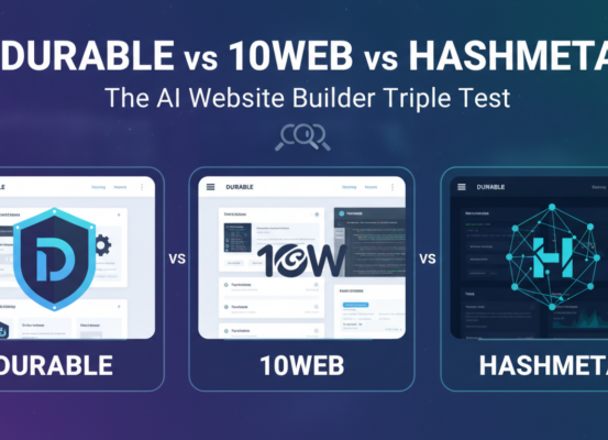 Blog banner with title 'Durable vs 10Web vs Hashmeta: The AI Website Builder Triple Test' over tech-themed background.