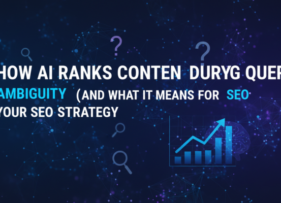 Blog banner with title 'How AI Ranks Content During Query Ambiguity' in bold font, tech-themed background