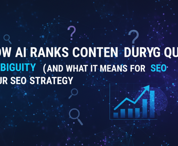 Blog banner with title 'How AI Ranks Content During Query Ambiguity' in bold font, tech-themed background