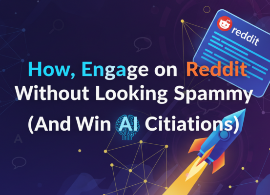 Blog banner with title 'How to Engage on Reddit Without Looking Spammy (And Win AI Citations)' in bold, modern font.