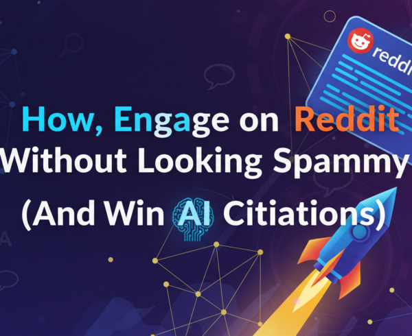 Blog banner with title 'How to Engage on Reddit Without Looking Spammy (And Win AI Citations)' in bold, modern font.