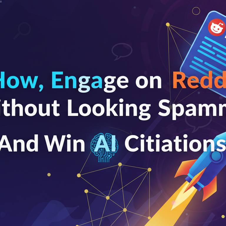 Blog banner with title 'How to Engage on Reddit Without Looking Spammy (And Win AI Citations)' in bold, modern font.