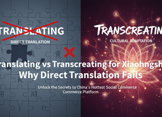 Blog banner with title 'Translating vs Transcreating for Xiaohongshu: Why Direct Translation Fails' in bold, modern font.