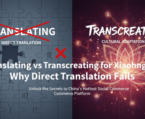 Blog banner with title 'Translating vs Transcreating for Xiaohongshu: Why Direct Translation Fails' in bold, modern font.