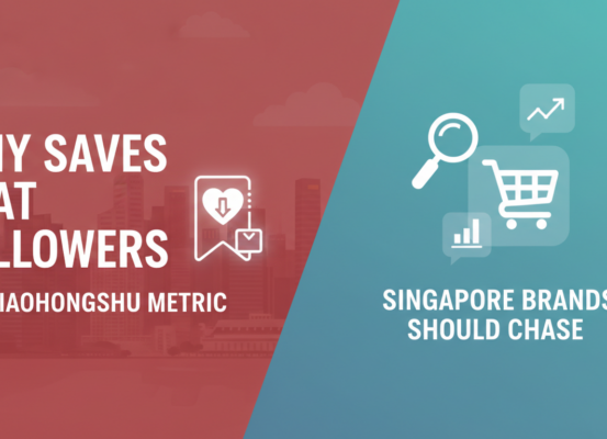 Blog banner with title 'Why Saves Beat Followers: The Xiaohongshu Metric Singapore Brands Should Chase', featuring a trendy, modern design with bold text and vibrant colors.