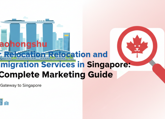 Blog banner with title 'Xiaohongshu for Relocation and Immigration Services in Singapore: A Complete Marketing Guide' over a modern cityscape backdrop.