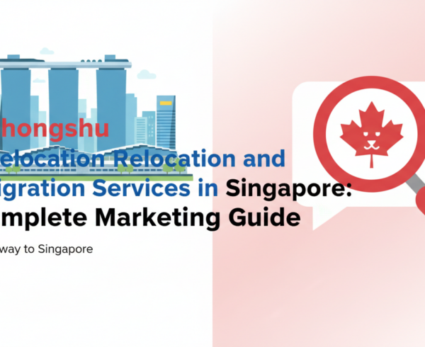 Blog banner with title 'Xiaohongshu for Relocation and Immigration Services in Singapore: A Complete Marketing Guide' over a modern cityscape backdrop.