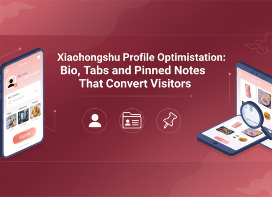 Blog banner: 'Xiaohongshu Profile Optimisation' with vibrant, engaging design.