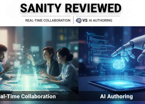 Banner featuring 'Sanity Reviewed: Real-Time Collaboration vs AI Authoring' with tech-themed graphics.