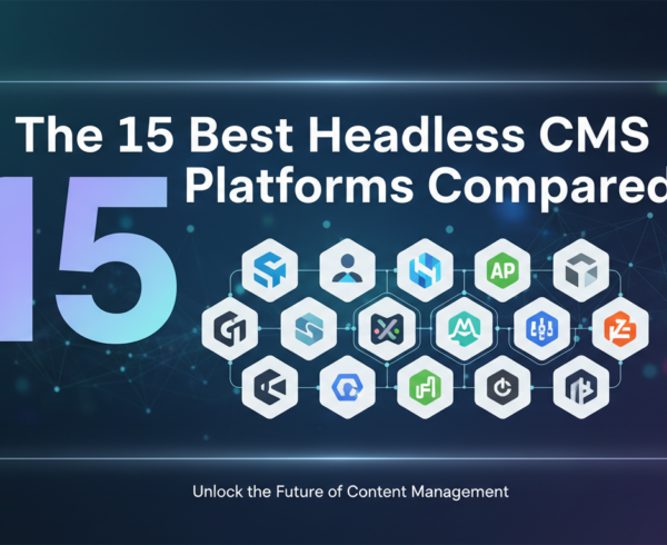 Banner for 'The 15 Best Headless CMS Platforms Compared' with modern design elements.