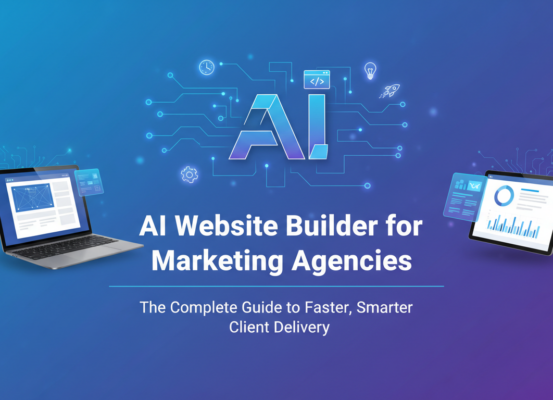 Banner reads 'AI Website Builder for Marketing Agencies: The Complete Guide to Faster, Smarter Client Delivery' with sleek digital design elements.