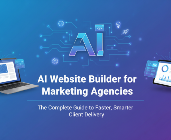Banner reads 'AI Website Builder for Marketing Agencies: The Complete Guide to Faster, Smarter Client Delivery' with sleek digital design elements.