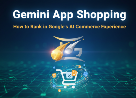 Banner titled 'Gemini App Shopping: How to Rank in Google's AI Commerce Experience' with a futuristic shopping theme.