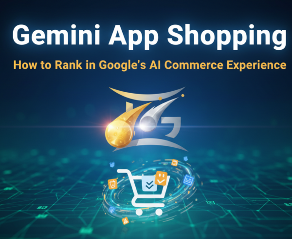 Banner titled 'Gemini App Shopping: How to Rank in Google's AI Commerce Experience' with a futuristic shopping theme.