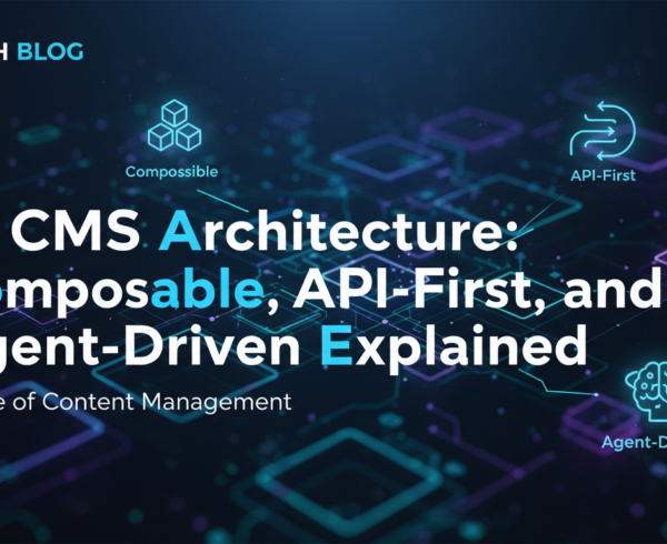 Banner with 'AI CMS Architecture: Composable, API-First, Agent-Driven Explained' in bold text on a tech-themed background.