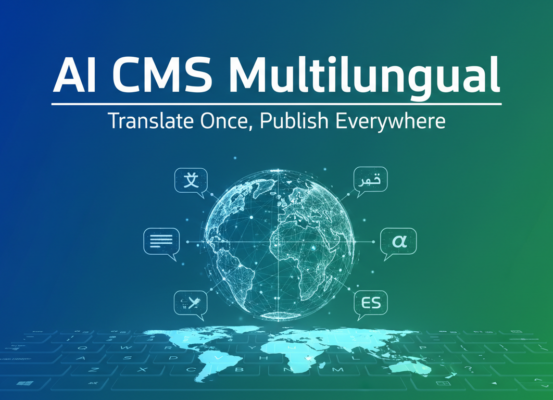 Banner with 'AI CMS Multilingual: Translate Once, Publish Everywhere' in bold text on a tech-themed background