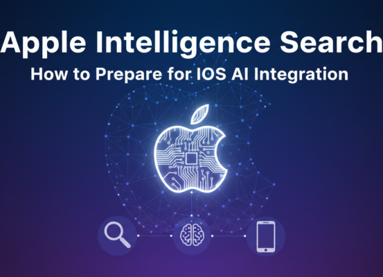 Banner with 'Apple Intelligence Search' title, futuristic tech theme, iOS AI focus