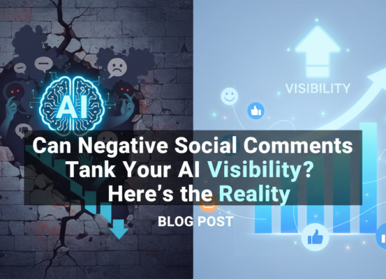 Banner with bold title 'Can Negative Social Comments Tank Your AI Visibility? Here's the Reality' against a digital-themed background.