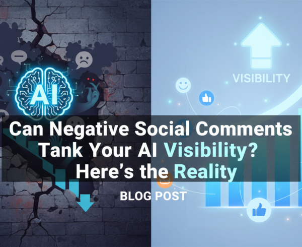 Banner with bold title 'Can Negative Social Comments Tank Your AI Visibility? Here's the Reality' against a digital-themed background.
