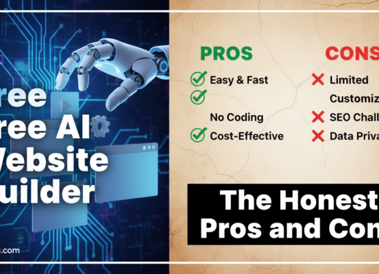 Banner with 'Free AI Website Builder: The Honest Pros and Cons' in bold text on a sleek digital background.