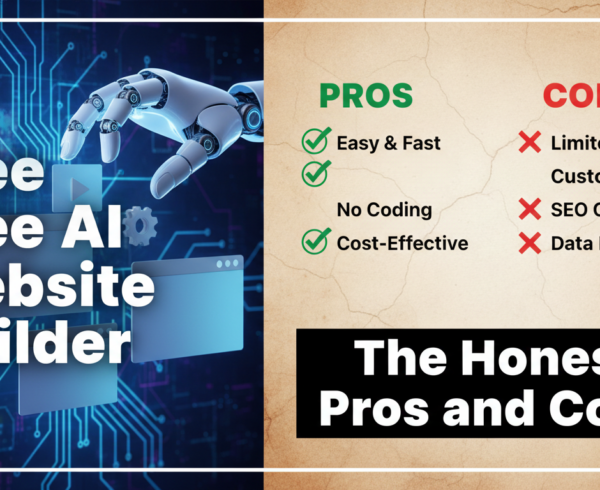 Banner with 'Free AI Website Builder: The Honest Pros and Cons' in bold text on a sleek digital background.