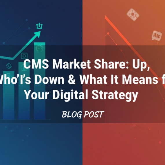 Banner with title 'CMS Market Share: Who's Up, Who's Down & What It Means for Your Digital Strategy' on a modern, tech-themed background.