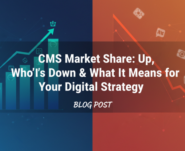 Banner with title 'CMS Market Share: Who's Up, Who's Down & What It Means for Your Digital Strategy' on a modern, tech-themed background.