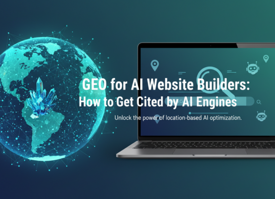 Banner with title 'GEO for AI Website Builders: How to Get Cited by AI Engines', featuring digital elements and a tech-themed background.