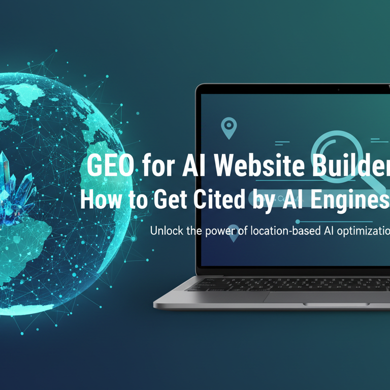 Banner with title 'GEO for AI Website Builders: How to Get Cited by AI Engines', featuring digital elements and a tech-themed background.