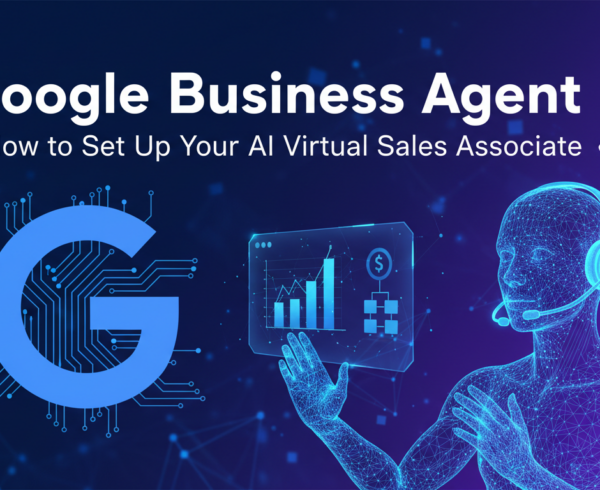 Banner with title 'Google Business Agent: How to Set Up Your AI Virtual Sales Associate', styled with tech-themed graphics.