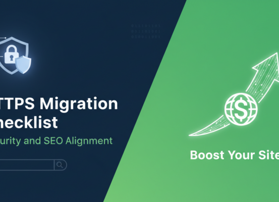 Banner with title 'HTTPS Migration Checklist: Security and SEO Alignment' on a tech-themed background.