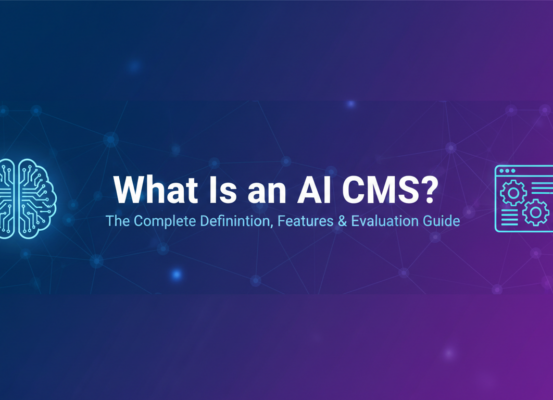 Banner with title 'What Is an AI CMS?' and digital interface theme
