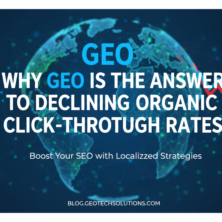 Banner with title 'Why GEO Is the Answer to Declining Organic Click-Through Rates' in bold font against a tech-themed background.