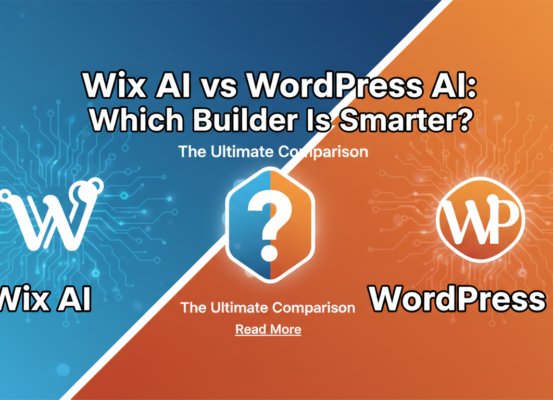Banner with 'Wix AI vs WordPress AI: Which Builder Is Smarter?' title on a tech-themed background.