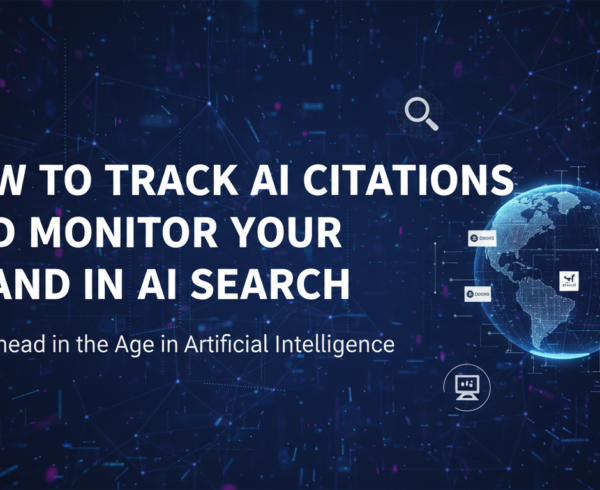 Blog banner titled 'How to Track AI Citations and Monitor Your Brand in AI Search' with futuristic design.